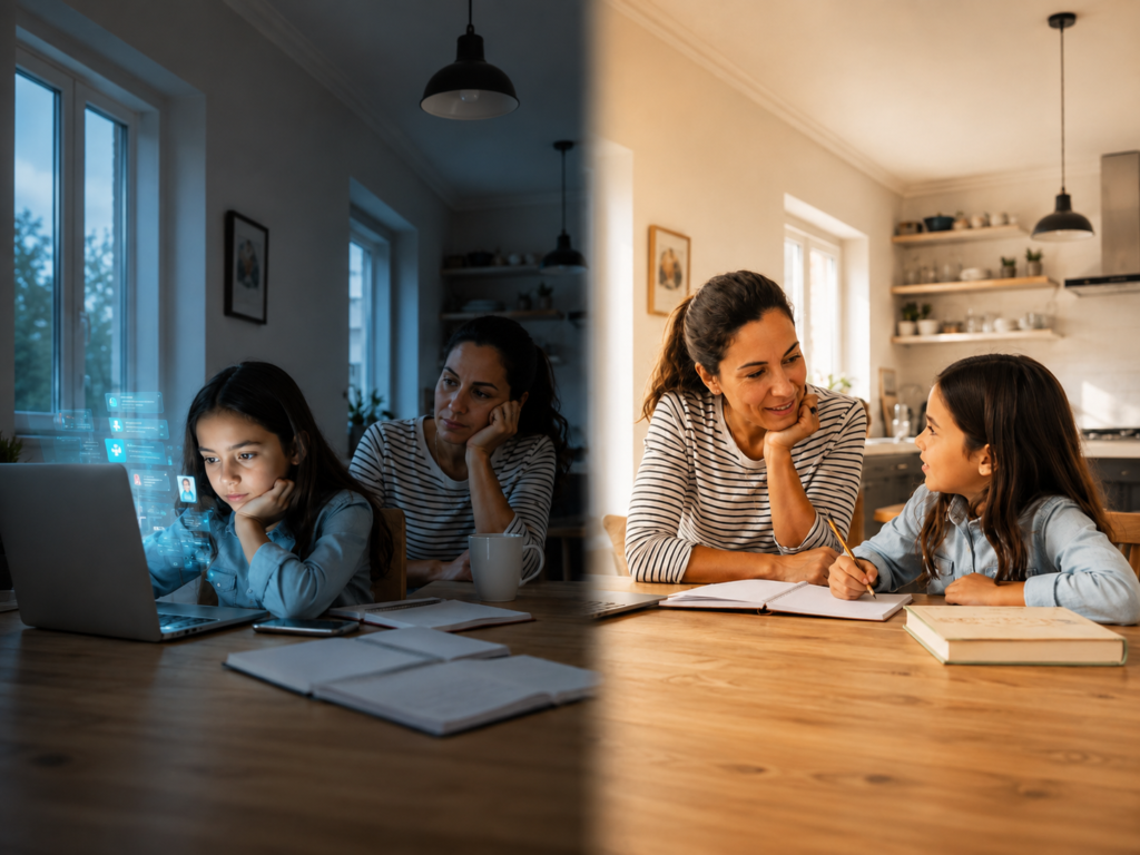 Mother and daughter balance screen time with homework